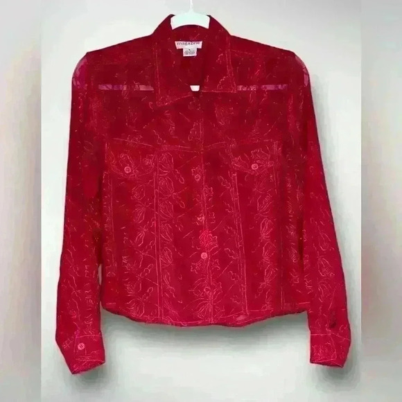 Tops - Women’s Sheer Red Button Down Blouse Decorative Embroidery Two Pocket Size M